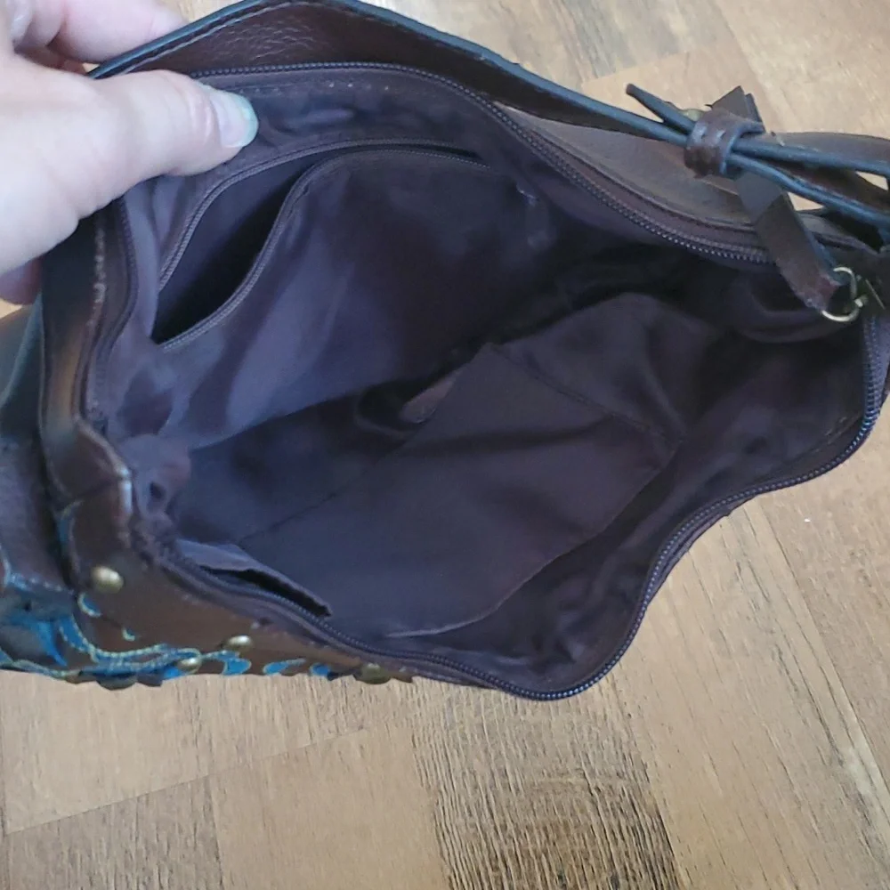 Vintage Brown Hobo Purse with‎ Turquoise Floral Embroidered Cutouts and Studs